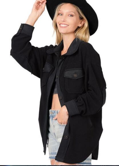 #1733 Zenana NWOT Black Oversized Basic Fleece Shacket Size Large FP Dupe - Picture 1 of 1